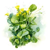 Watercolor illustration of Spices. Sprigs of spinach with spinach flowers.ai generated photo