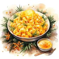 Watercolor illustration. Christmas Mac and Cheese.ai generated photo