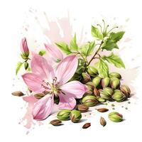 Watercolor illustration. Kitchen spices. Cardamon twigs and flowers. photo