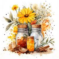 Watercolor illustration. Kitchen spices. Twigs and flowers turmeric.ai generated photo