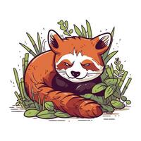 Cute red panda sleeping in the grass. Vector illustration.
