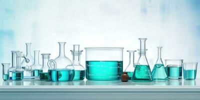 Medical lab banner with transparent glass flask and glassware, AI Generative photo