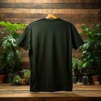 A view from back Luxurious plain black oversize t-shirt mockup with a hanger hanging on a wooden background, AI Generative photo