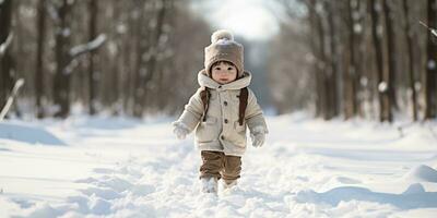 un gordito bebé niña caminando en el nieve, ai generativo foto