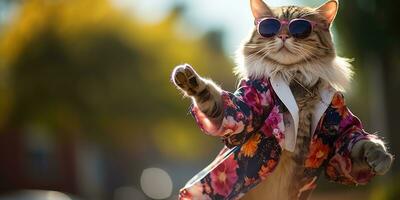 a cool cat dancing wearing colorful clothes and sunglasses, AI Generative photo