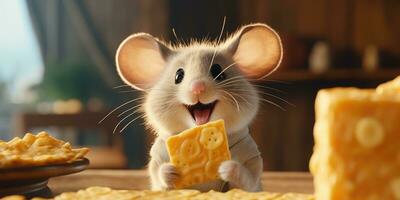 Cute mouse standing by eating delicious cheese AI Generative photo