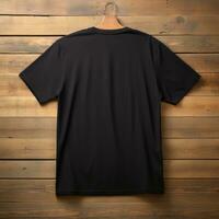 A view from back Luxurious plain black oversize t-shirt mockup with a hanger hanging on a wooden background, AI Generative photo