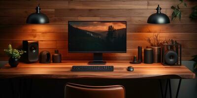minimalist work space computer with very luxurious wooden components, AI Generative photo
