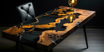 Luxury desk with epoxy resin and varnish Round tree slab with black epoxy river Wooden background hi, AI Generative photo