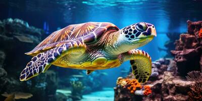 beautiful sea turtle around very beautiful coral reef AI Generative photo