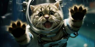 un linda gato en un astronauta traje es volador en el luna, ai generativo foto