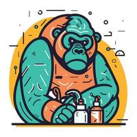 Gorilla with a bottle of lotion. Vector illustration.