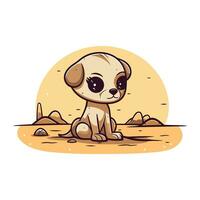 Cute cartoon dog sitting on the sand in the desert. Vector illustration.