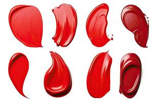 conjunto de escarlata rojo lápiz labial o uña polaco frotis golpes aislado en blanco antecedentes foto