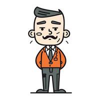 Sad man in suit. Vector illustration in thin line style. Cartoon character.