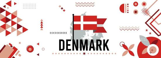 Denmark national or independence day banner design for country celebration. Flag and map of Denmark with modern retro design and abstract geometric icons. Vector illustration