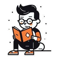 Little boy reading a book. Vector illustration in line art style.