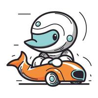 Cute cartoon alien driving a car. Vector illustration isolated on white background.