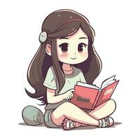 Cute little girl sitting and reading a book. Vector illustration.