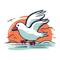 Vector illustration of a white goose flying in the sea on sunset background.