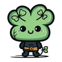 Cute cartoon green frog with clover leaf. Vector illustration.