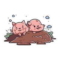 Cute piglet couple sitting on rock. Vector illustration in doodle style.