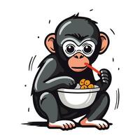 Chimpanzee with bowl of oatmeal. Vector illustration.