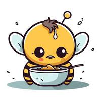 linda pequeño abeja personaje con cuenco de alimento. vector ilustración.