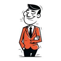 Vector illustration of a man in an orange suit standing with his hands on his hips.