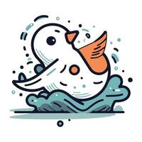 Funny cartoon penguin flying in the water. Vector illustration.