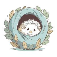 Cute hedgehog in the hollow with leaves. Vector illustration.