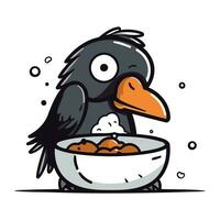 Cute crow eating food from bowl. Vector cartoon character illustration.