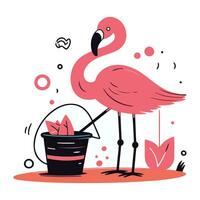 Flamingo in a bucket. Vector illustration in flat style.