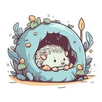 Cute cartoon hedgehog sleeping in a hole. Vector illustration.