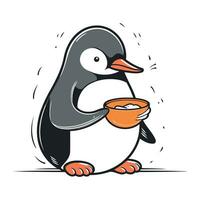 linda pingüino con un cuenco de alimento. vector ilustración.