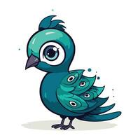 Cute cartoon blue bird with green feathers. Vector illustration isolated on white background.