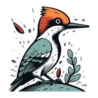 Vector image of a woodpecker on a rock. Hand drawn vector illustration.