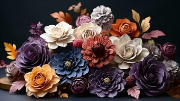 Bespoke Modern Thanksgiving Floral Centerpieces showcased in trendy tones of deep eggplant purple dusky blueberry blue bright sunset orange and antique parchment cream photo