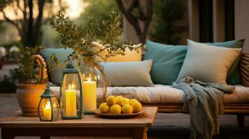 Cozy Thanksgiving Patio Gatherings captured in warm tones of caramel brown soothing sage green muted twilight blue and soft candlelight yellow photo