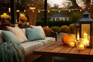 Cozy Thanksgiving Patio Gatherings captured in warm tones of caramel brown soothing sage green muted twilight blue and soft candlelight yellow photo