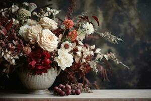 Organic Thanksgiving Floral Arrangements displayed in sophisticated tones of deep merlot red blush peach sage green and pearl white hues photo