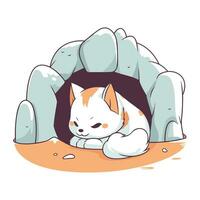 Cute cat sleeping in a cave. Vector illustration in cartoon style.