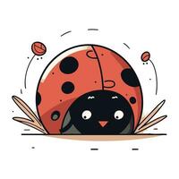 Cute cartoon ladybug with chick on grass. Vector illustration.