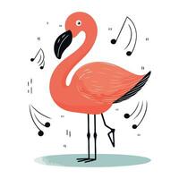 Flamingo with musical notes. Vector illustration in cartoon style.