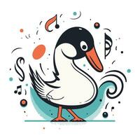 Vector illustration of a cute duck on a white background with musical notes.
