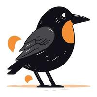Cute black bird. Vector illustration. Isolated on white background.