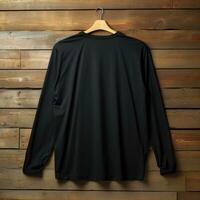 A view from back Luxurious plain black oversize t-shirt mockup with a hanger hanging on a wooden background, AI Generative photo