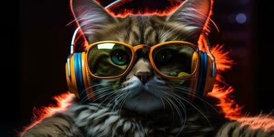 Cool cat in headphones and sunglasses, AI Generative photo