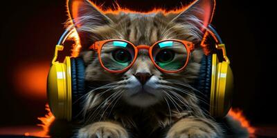 Cool cat in headphones and sunglasses, AI Generative photo