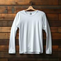plain white t-shirt mockup with a hanger hanging on a wooden background, AI Generative photo